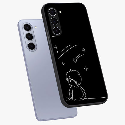 Line Art Boy With Shooting Stars Glass Case displayed in angled mockup highlighting elegant line art design with dreamy star aesthetic.