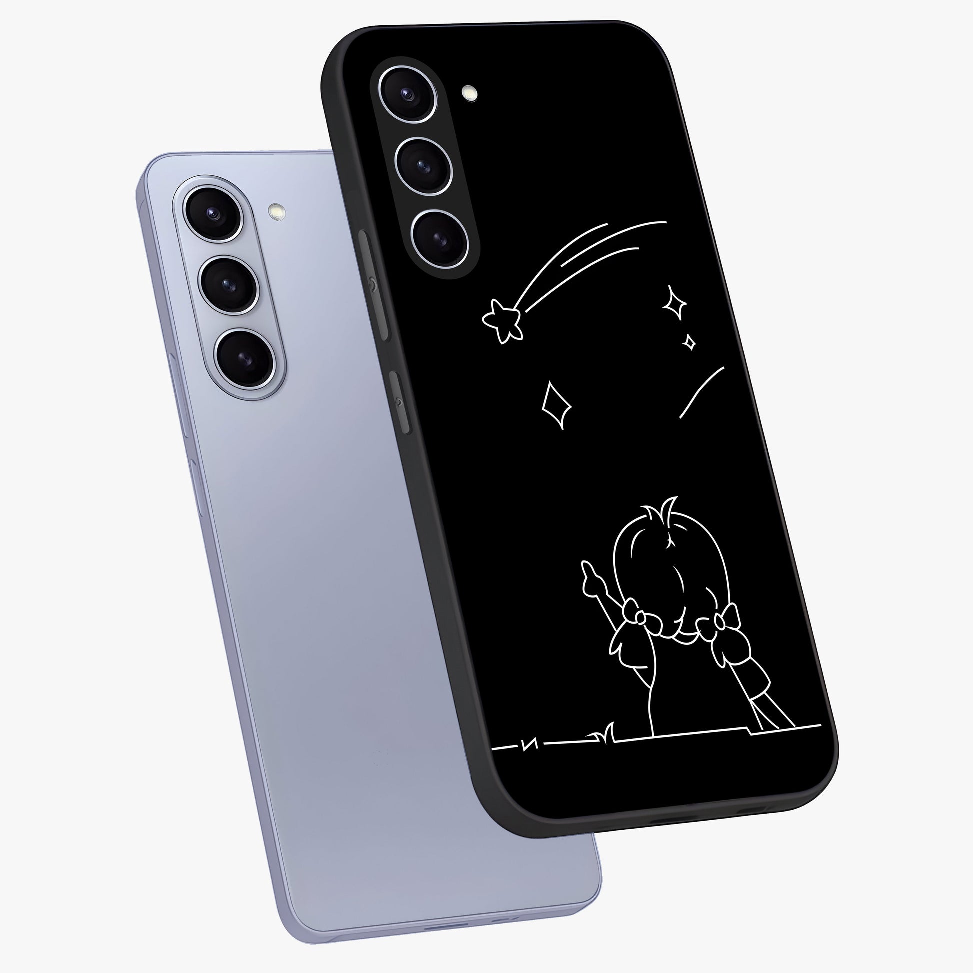 Line Art Girl With Shooting Stars Glass Case displayed in angled mockup highlighting elegant line art design with dreamy star aesthetic.