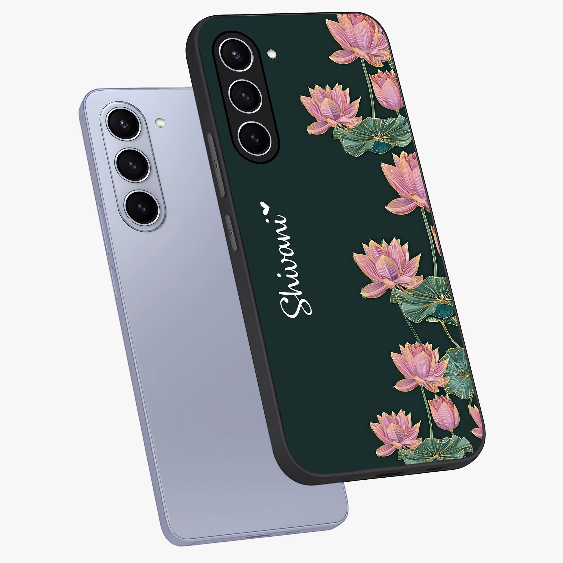Lotus Bloom Serenity Custom Name Glass Case displayed in angled mockup highlighting graceful lotus illustration with custom name feature.