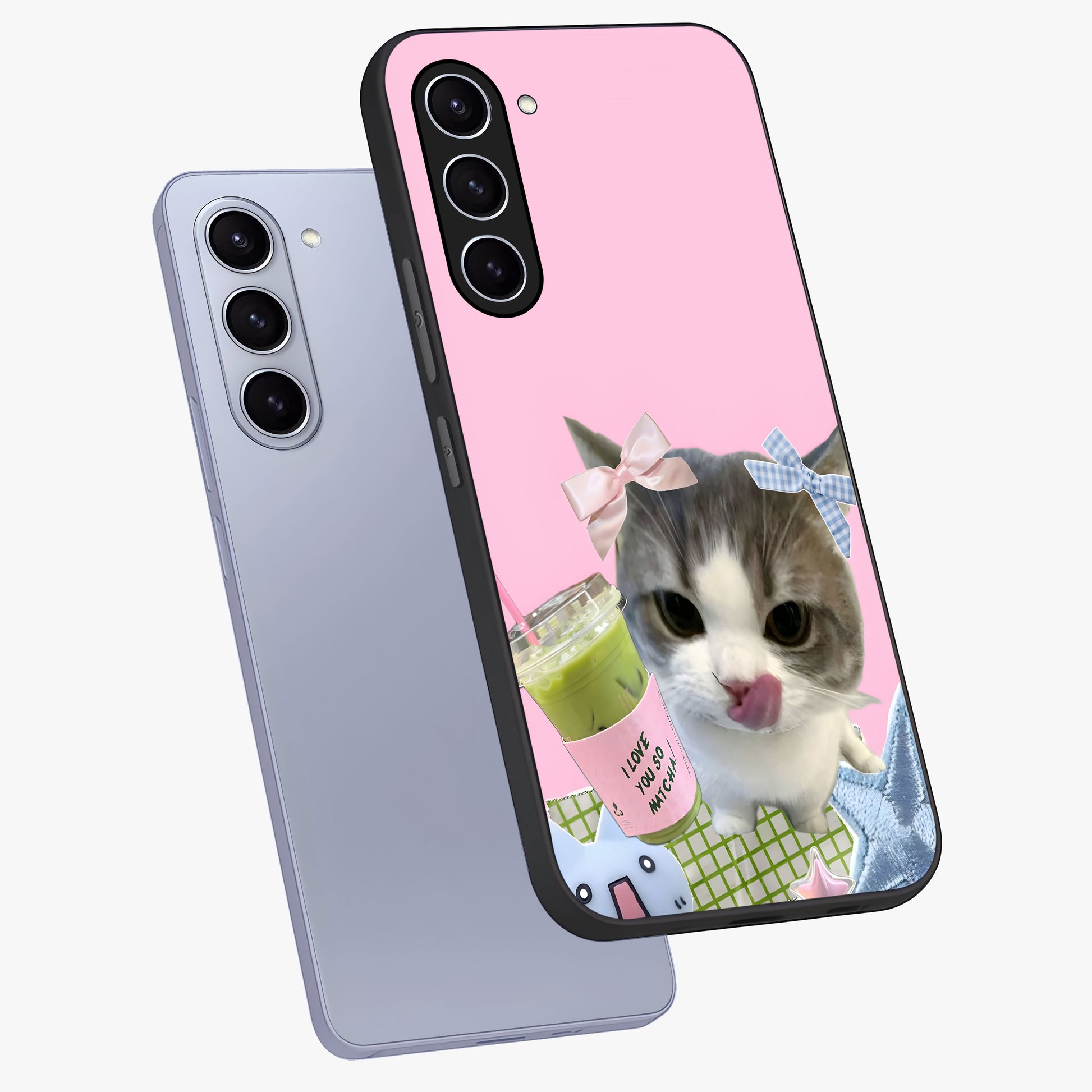 Love Matcha Cat Glass Case displayed in angled mockup highlighting playful feline illustration with cozy matcha aesthetic.