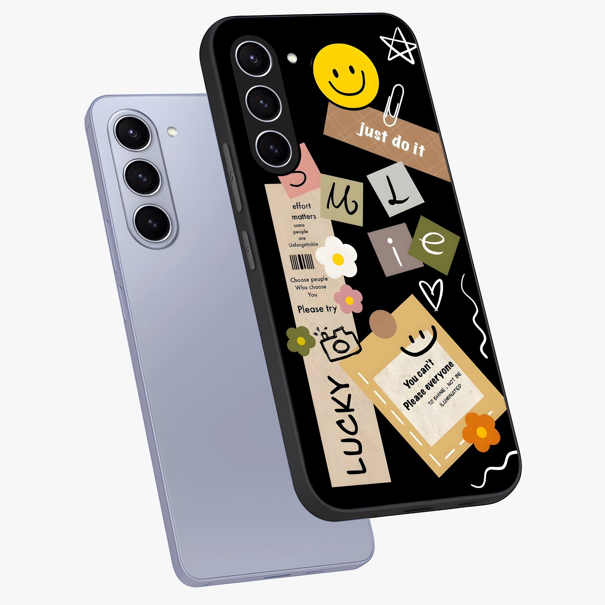 Lucky Aesthetic Collage Glass Case displayed in angled mockup highlighting stylish collage pattern with modern aesthetic vibe.