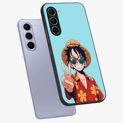 Luffy Summer Anime Vibe Glass Case displayed in angled mockup highlighting energetic anime illustration with summer vibe aesthetic.
