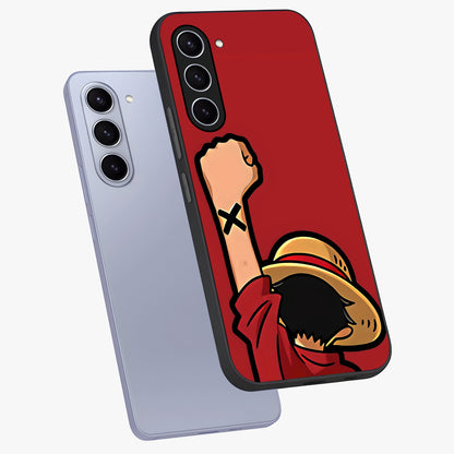 Luffy X Spirit Glass Case displayed in angled mockup highlighting powerful anime design with energetic action aesthetic.