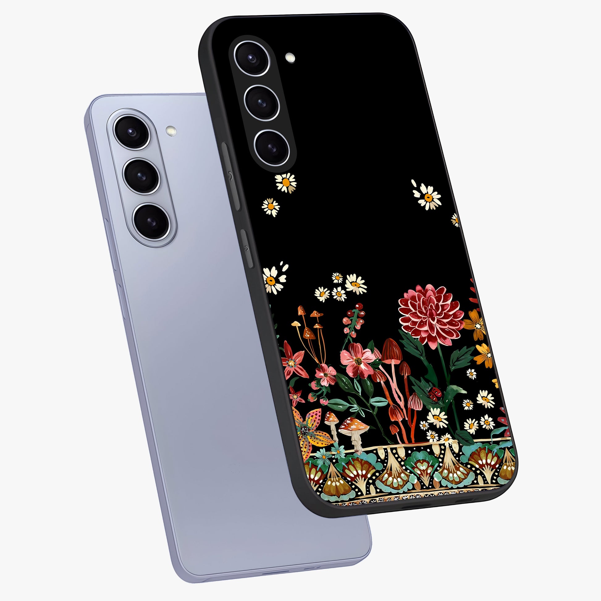 Midnight Bloom Pattern Glass Case displayed in angled mockup highlighting elegant flower design with midnight aesthetic style.