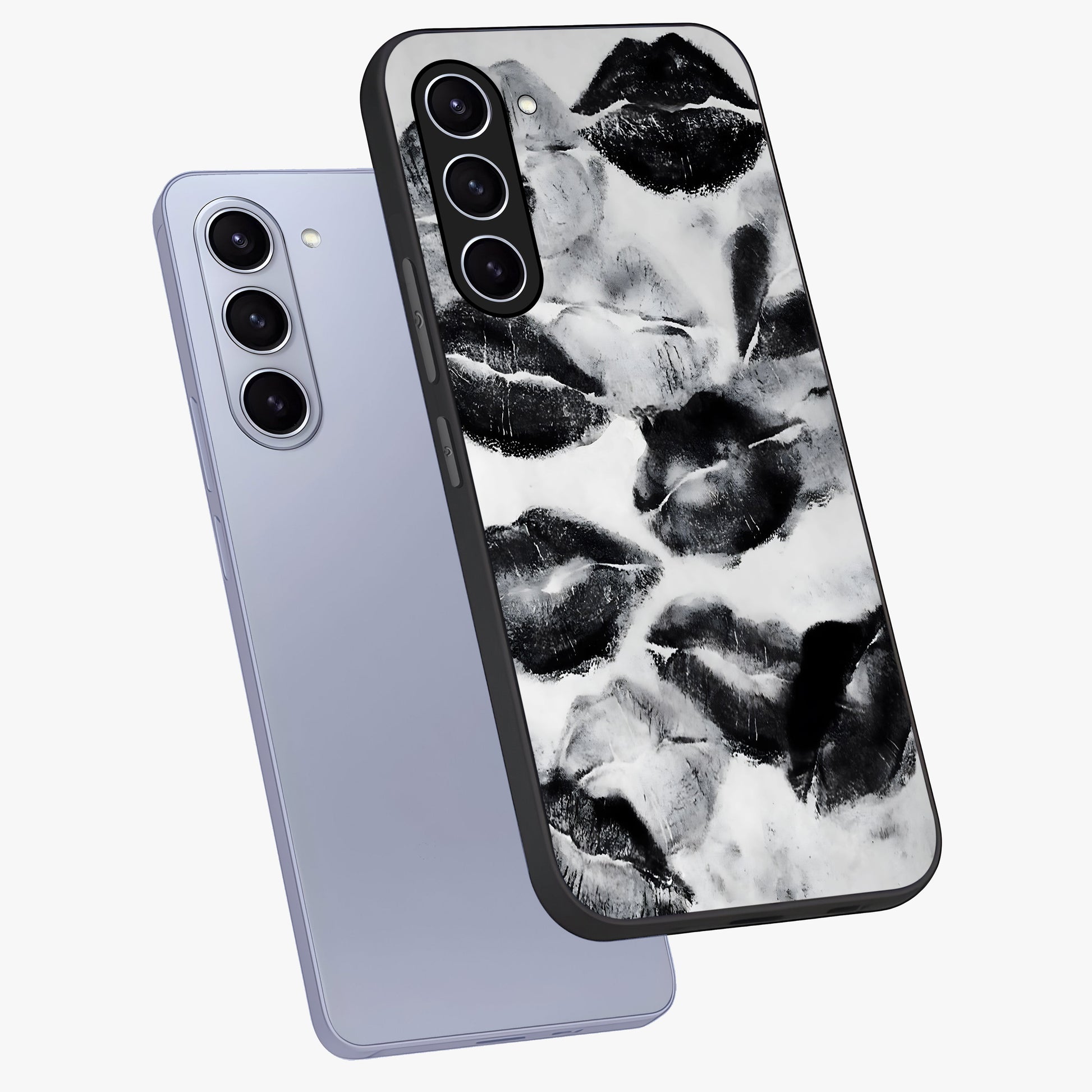 Midnight Kiss Marks Glass Case displayed in angled mockup highlighting playful romantic design with bold midnight aesthetic.
