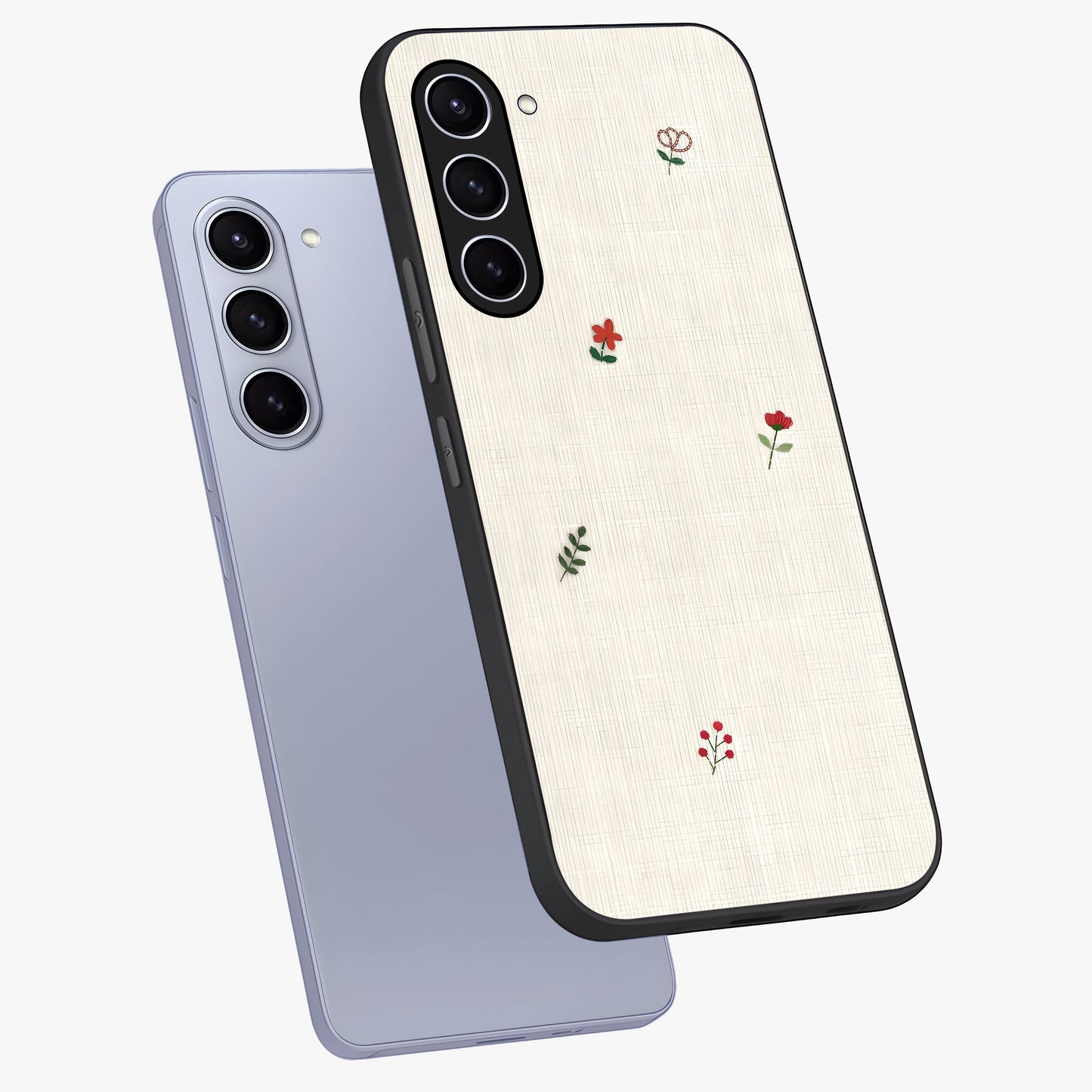 Minimalistic Blue With White Flower Pattern Glass Case displayed in angled mockup highlighting simple floral design with minimal aesthetic.