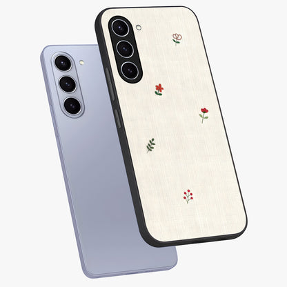 Minimalistic Blue With White Flower Pattern Glass Case displayed in angled mockup highlighting simple floral design with minimal aesthetic.