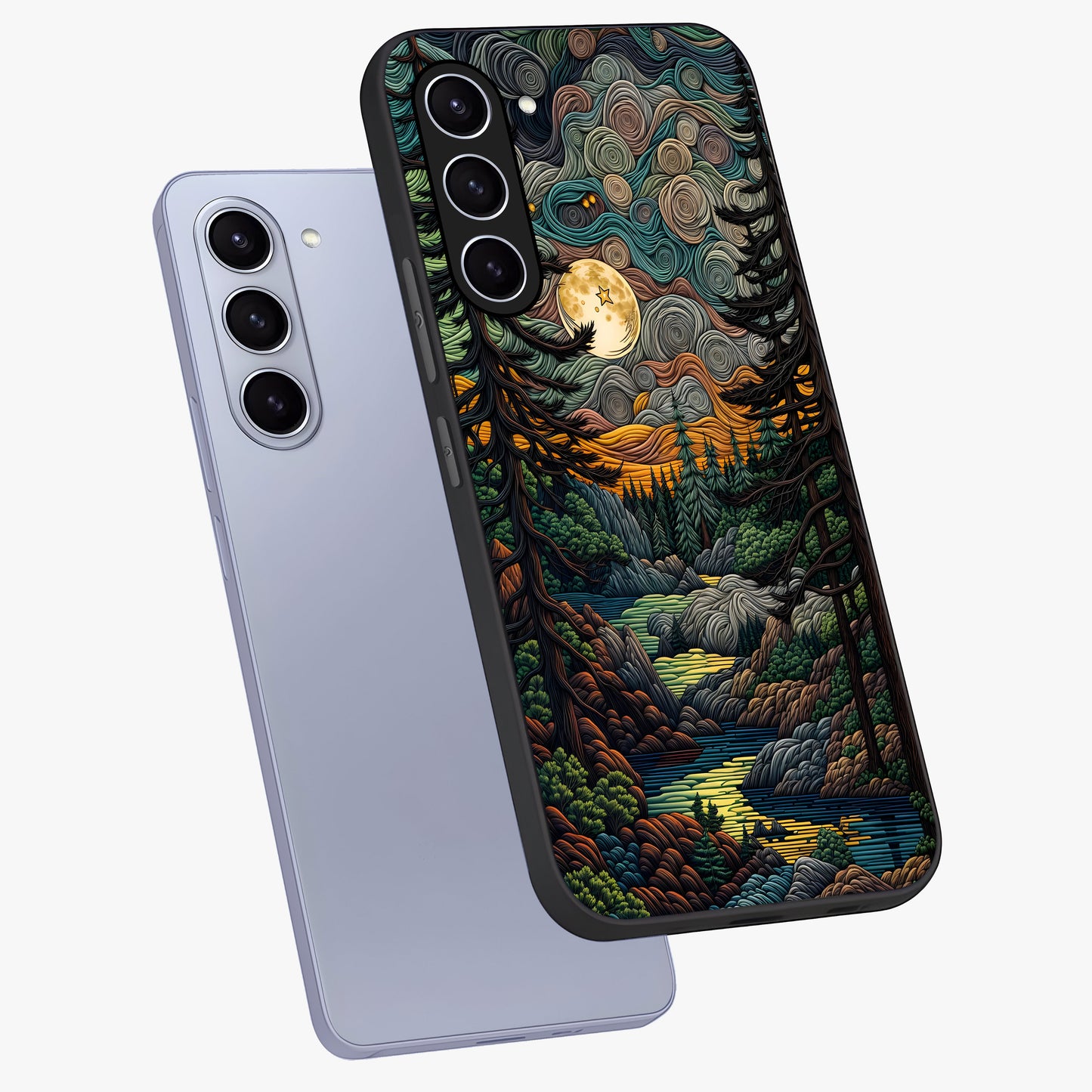 Moonlight Forest Dream Glass Case displayed in angled mockup highlighting dreamy forest design with glowing moon aesthetic.