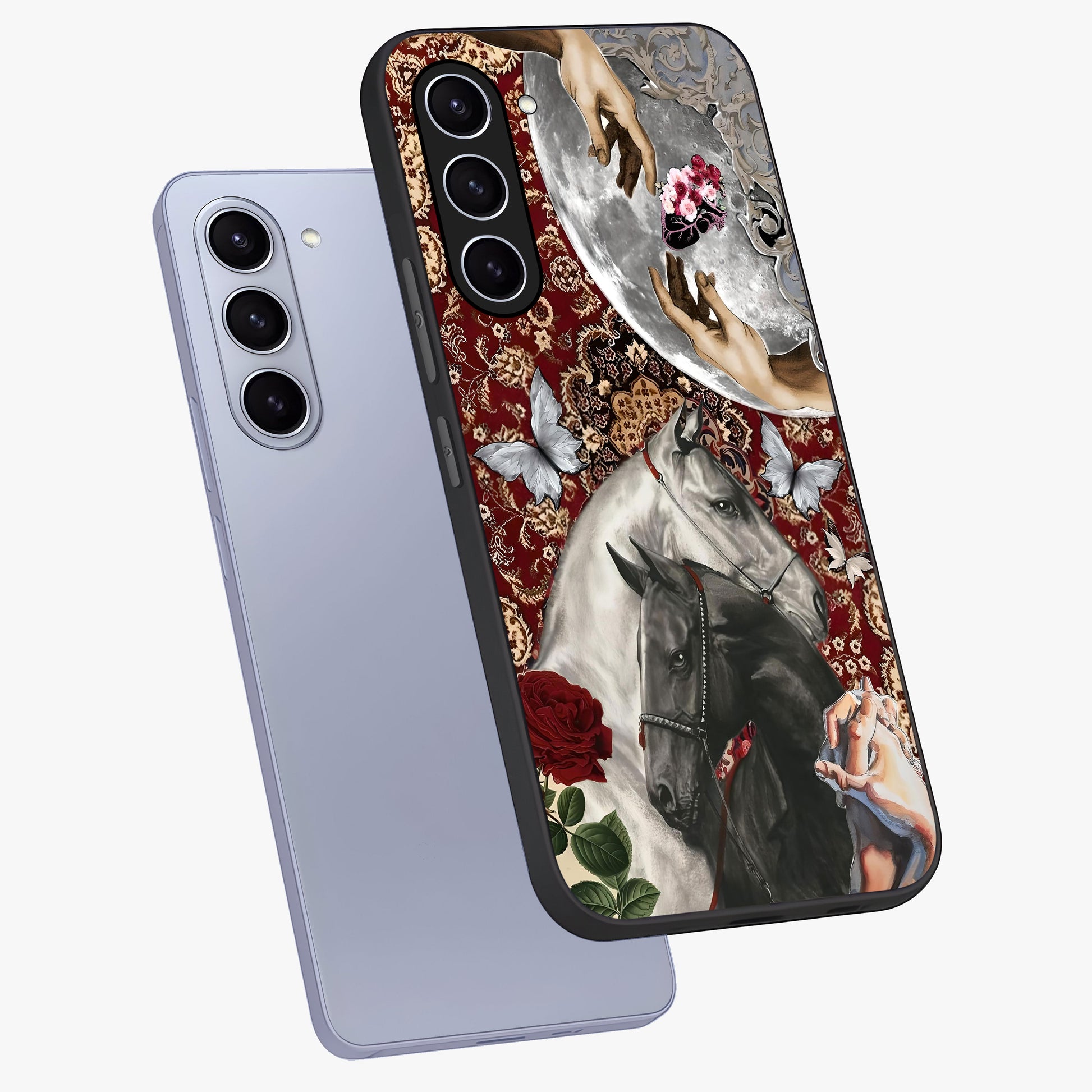 Moonlit Royal Stallion Glass Case displayed in angled mockup highlighting powerful stallion illustration with royal night aesthetic.