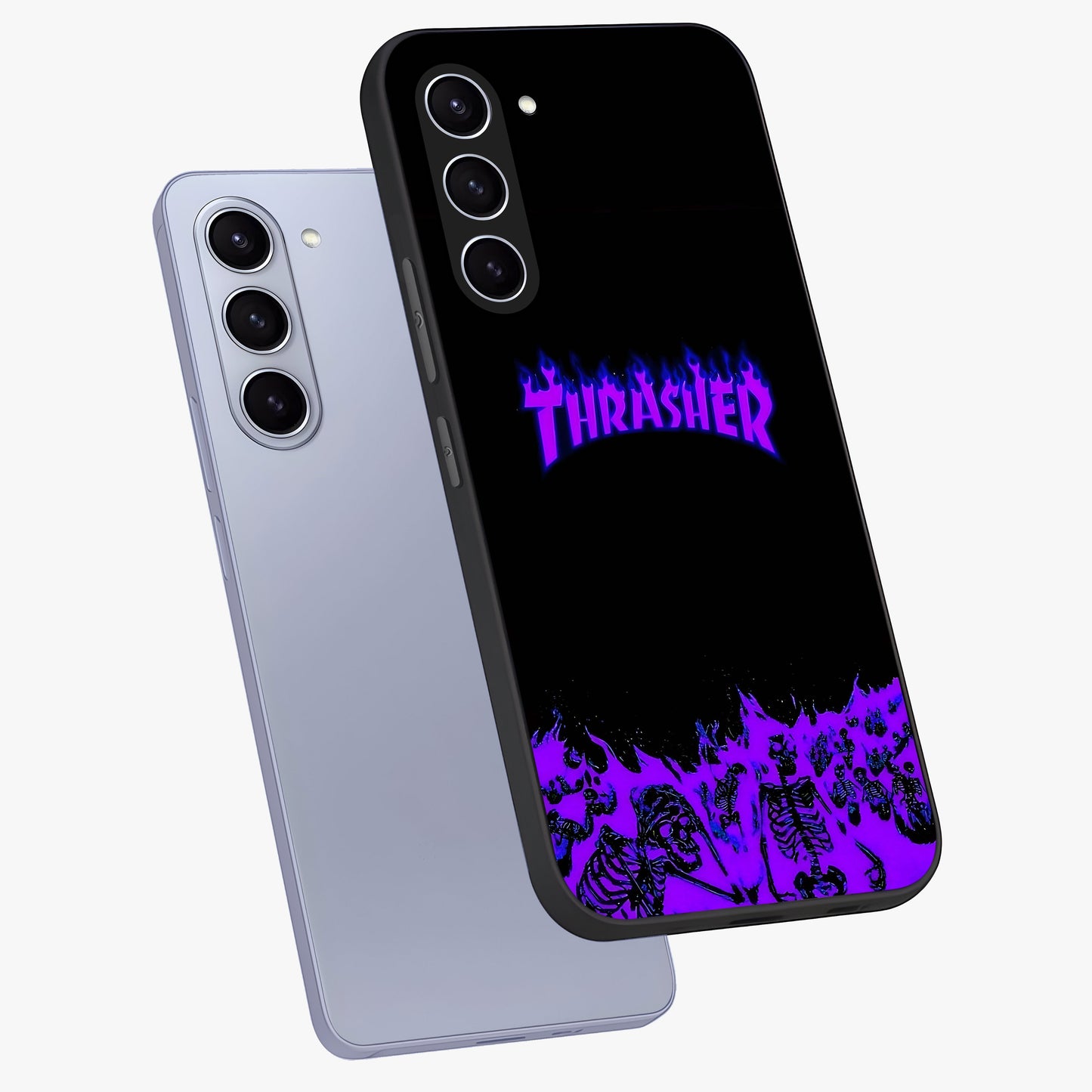 Neon Flame Riot Glass Case displayed in angled mockup highlighting glowing flame design with vibrant neon aesthetic.