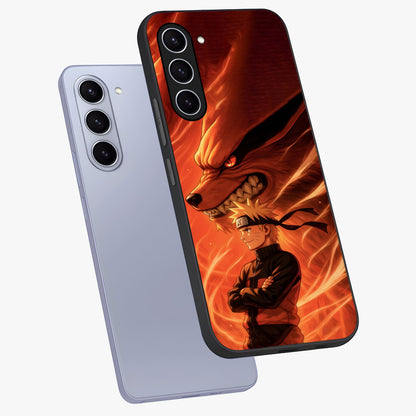 Nine Tails Legacy Glass Case displayed in angled mockup highlighting dynamic anime beast illustration with bold mystical aesthetic.