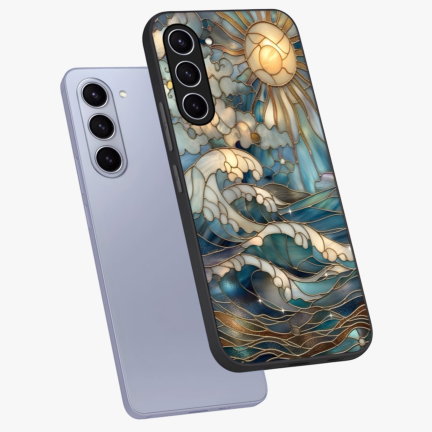 Oceanic Stained Printed Glass Case displayed in angled mockup highlighting colorful aquatic design with artistic aesthetic style.