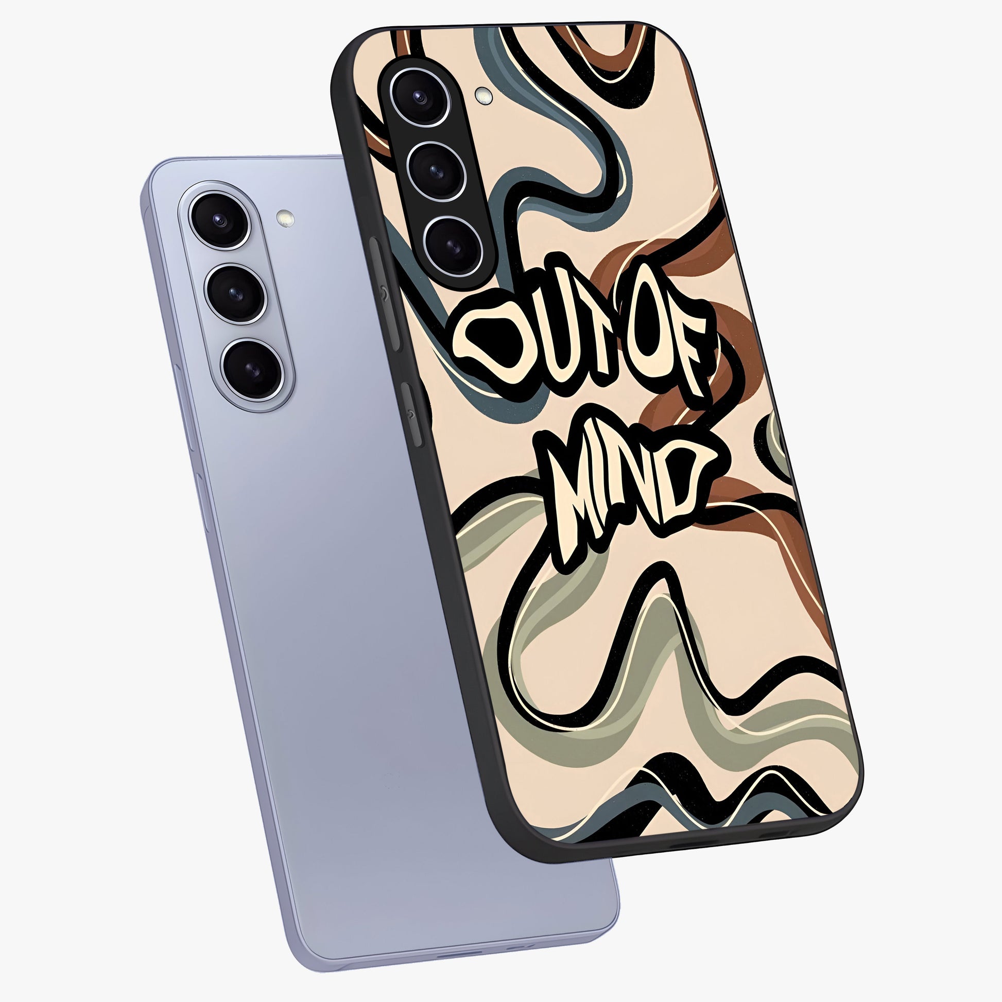 Out Of Mind Glass Case displayed in angled mockup highlighting bold statement design with modern artistic aesthetic.