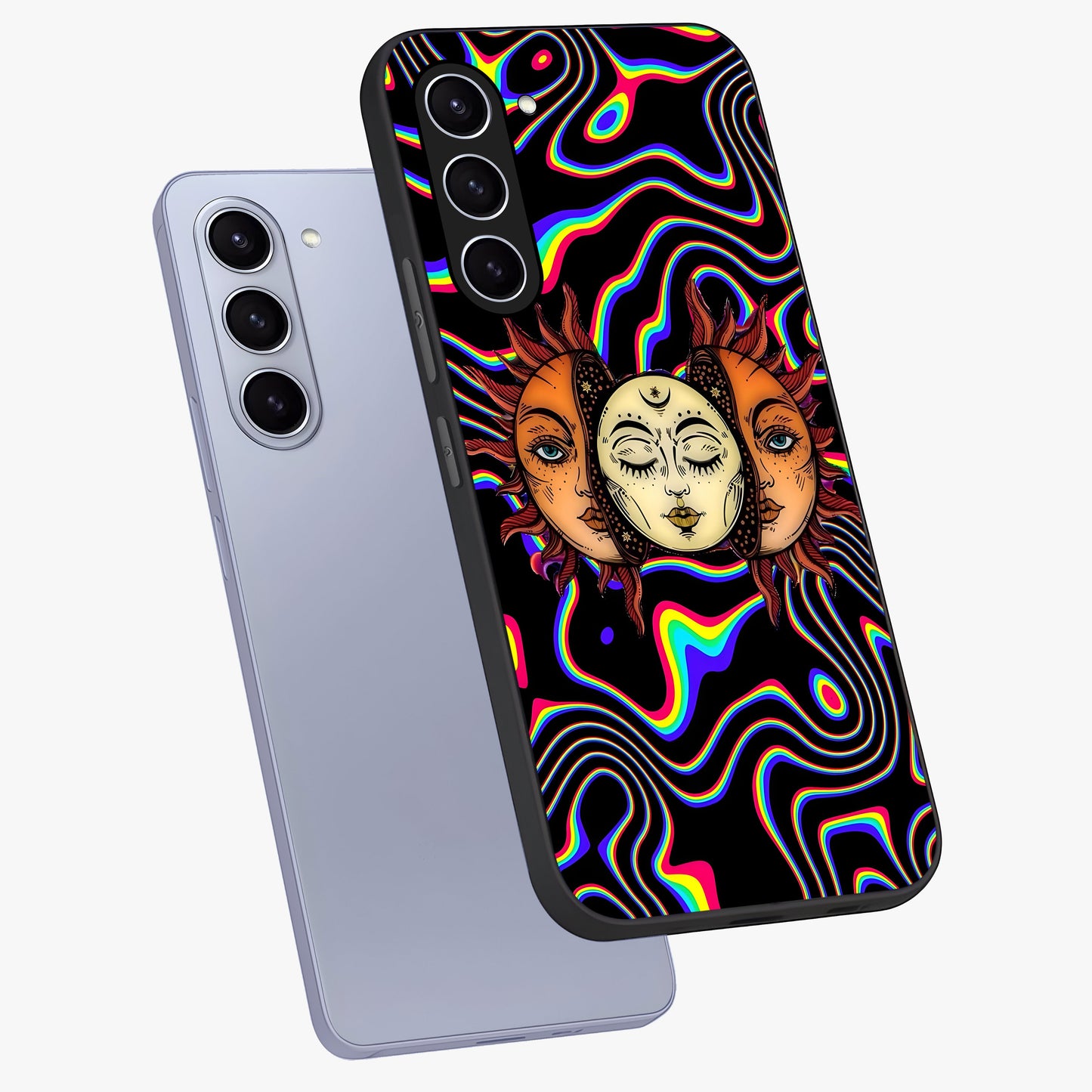 Psychedelic Sun Glass Case displayed in angled mockup highlighting vibrant abstract sun design with artistic aesthetic style.