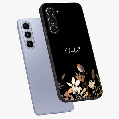 Quiet Garden Tune Custom Name Glass Case displayed in angled mockup highlighting delicate floral garden design with custom name feature.