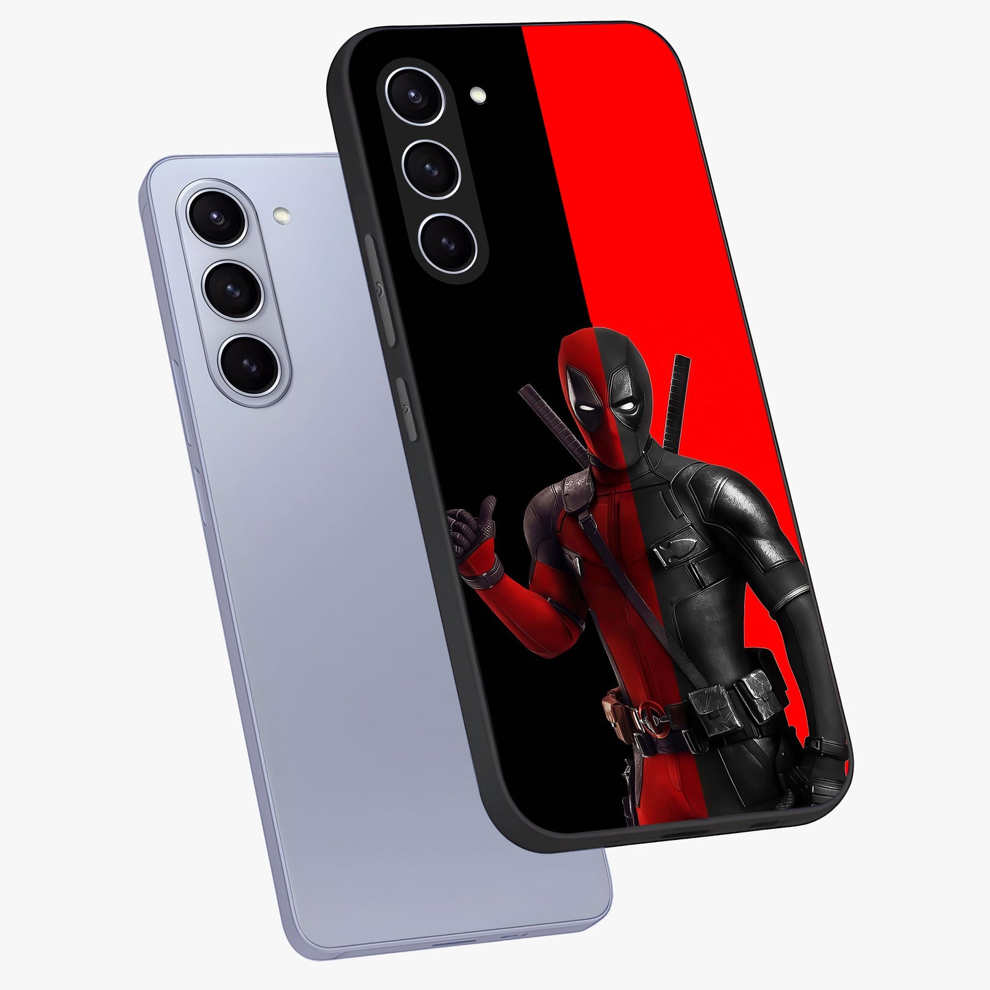 Red & Black Deadpool Theme Glass Case displayed in angled mockup highlighting vibrant superhero style illustration with action aesthetic.