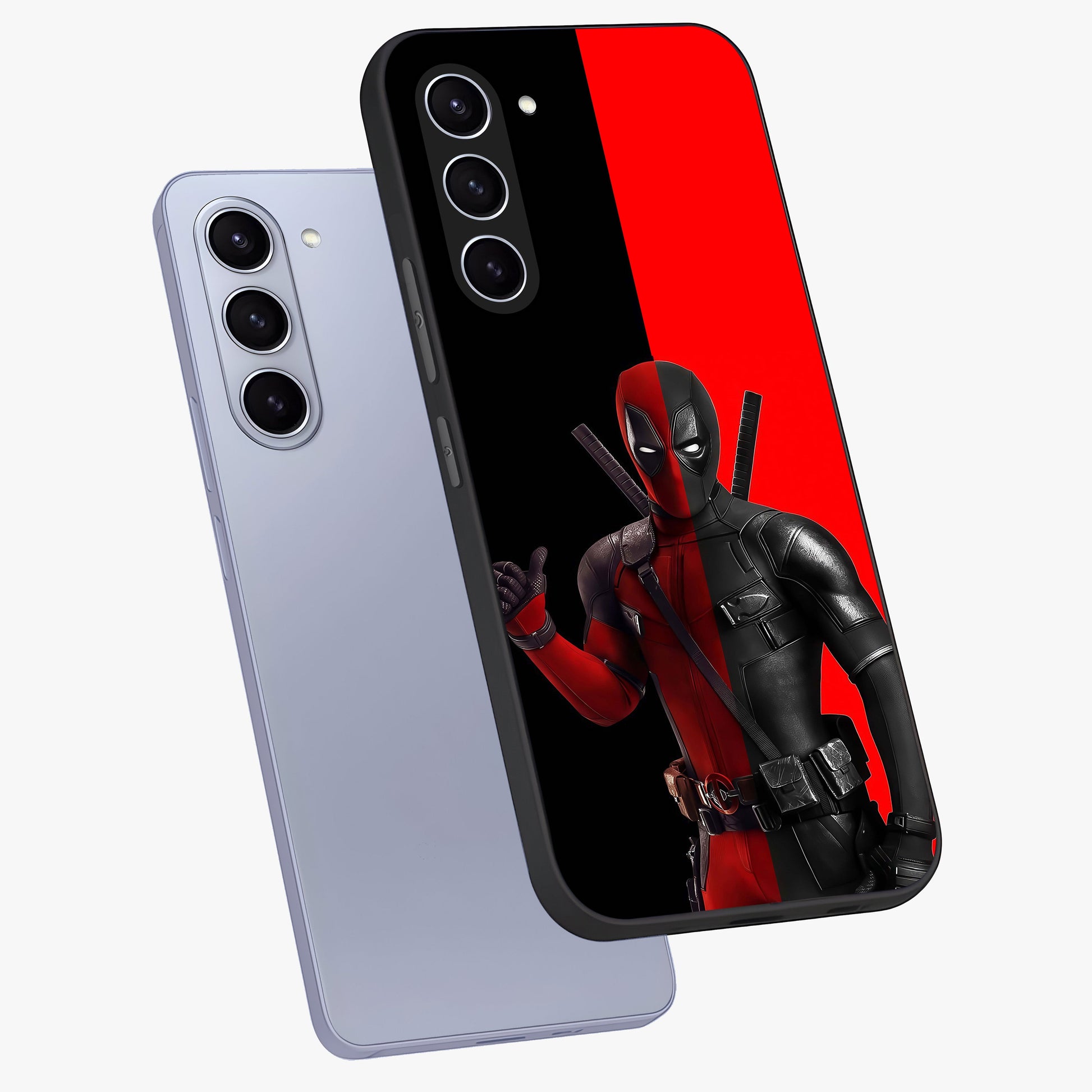 Red & Black Deadpool Theme Glass Case displayed in angled mockup highlighting vibrant superhero style illustration with action aesthetic.