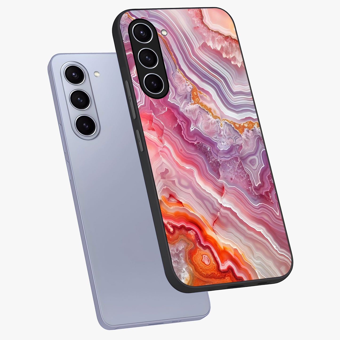 Rose Quartz Marble Glass Case displayed in angled mockup highlighting elegant marble pattern with soft aesthetic style.