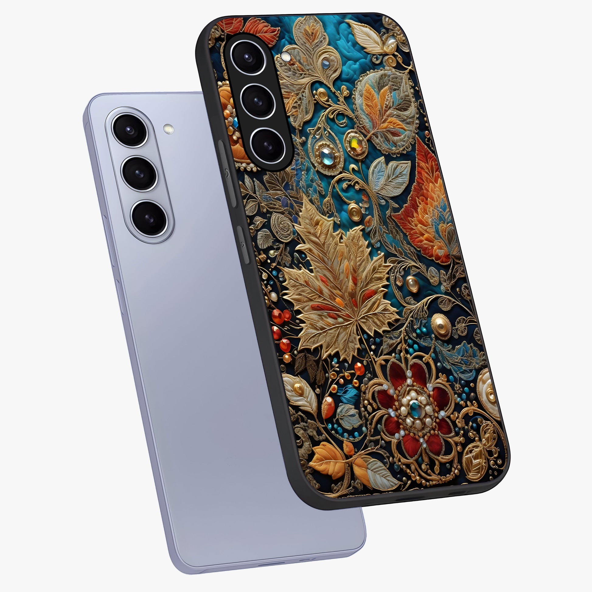 Royal Jewel Garden Glass Case displayed in angled mockup highlighting vibrant jewel inspired floral design with elegant aesthetic.