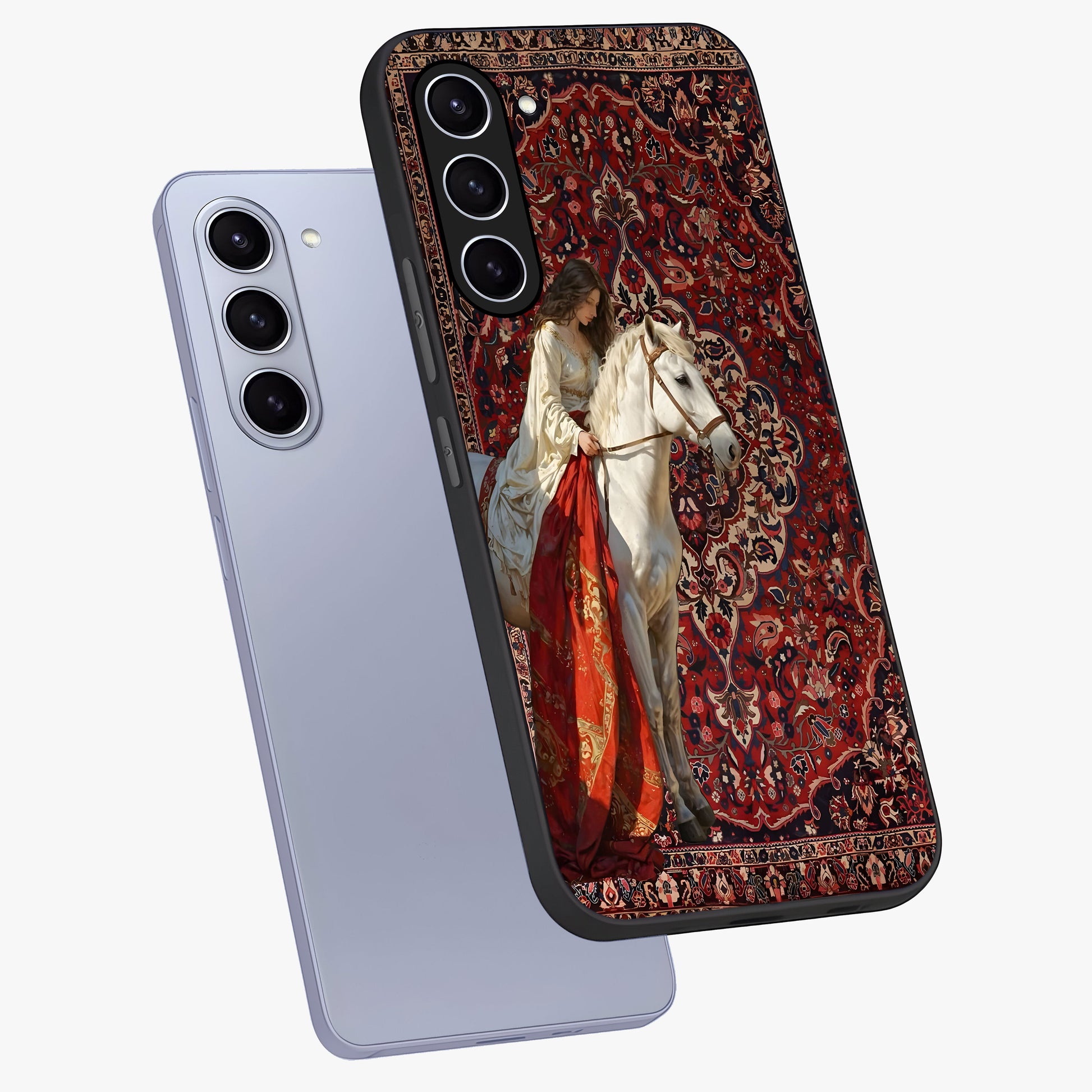 Royal Rider Tapestry Glass Case displayed in angled mockup highlighting traditional tapestry design with royal heritage aesthetic.