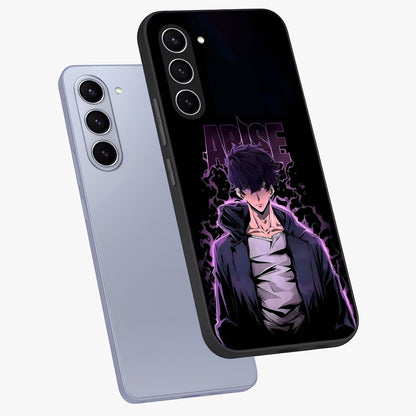 Shadow Monarch Awakening Glass Case displayed in angled mockup highlighting dramatic shadow warrior design with fantasy aesthetic.