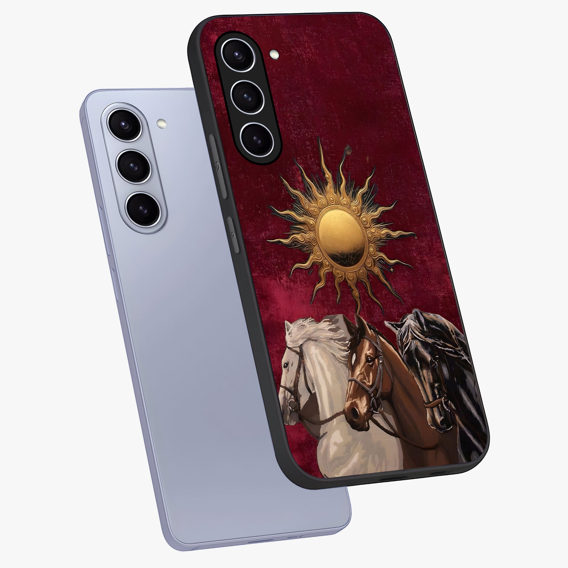 Solar Riders Glass Case displayed in angled mockup highlighting powerful rider illustration with radiant solar aesthetic.