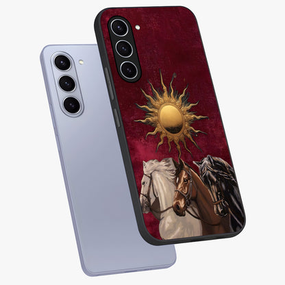 Solar Riders Glass Case displayed in angled mockup highlighting powerful rider illustration with radiant solar aesthetic.