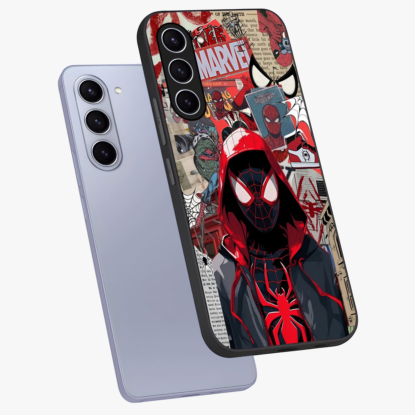 Spider Collage Street Glass Case displayed in angled mockup highlighting dynamic street style collage design with comic aesthetic.