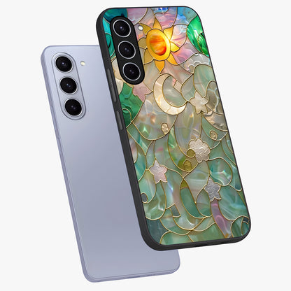Stained Sunrise Glow Glass Case displayed in angled mockup highlighting radiant sunrise design with artistic aesthetic style.