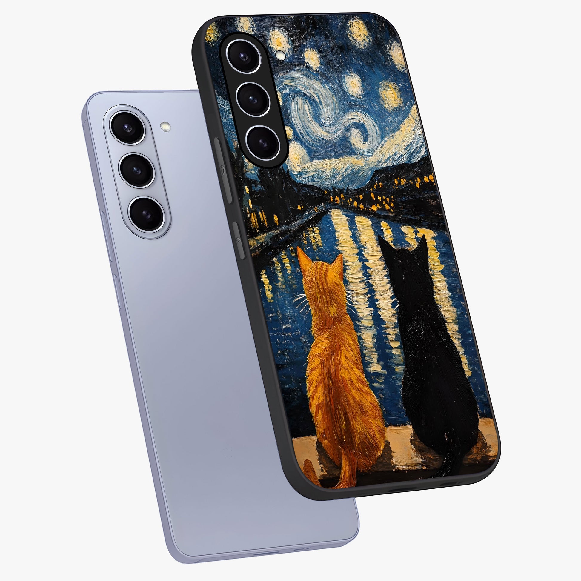 Starry River Cats Glass Case displayed in angled mockup highlighting charming feline illustration with dreamy night aesthetic.