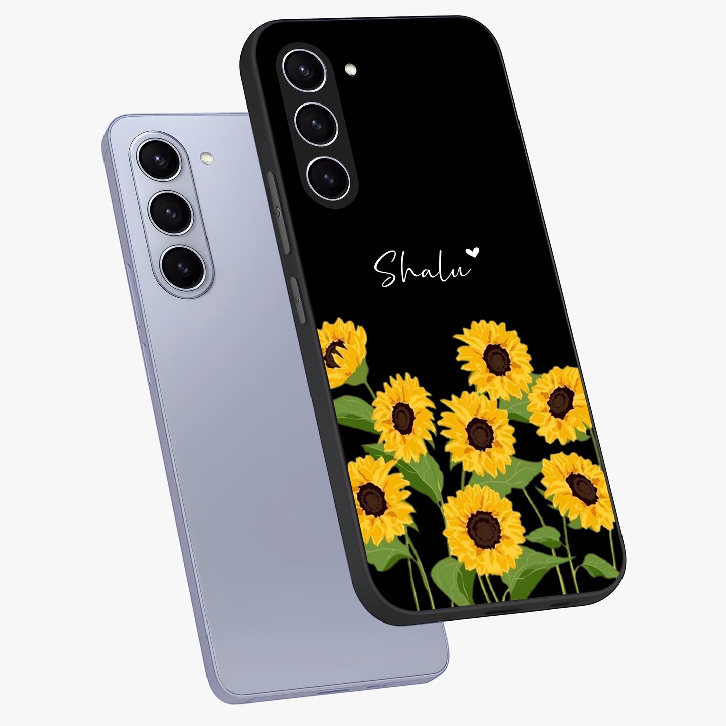 Sunflower Chic Mood Custom Name Glass Case displayed in angled mockup highlighting vibrant sunflower design with custom name feature.