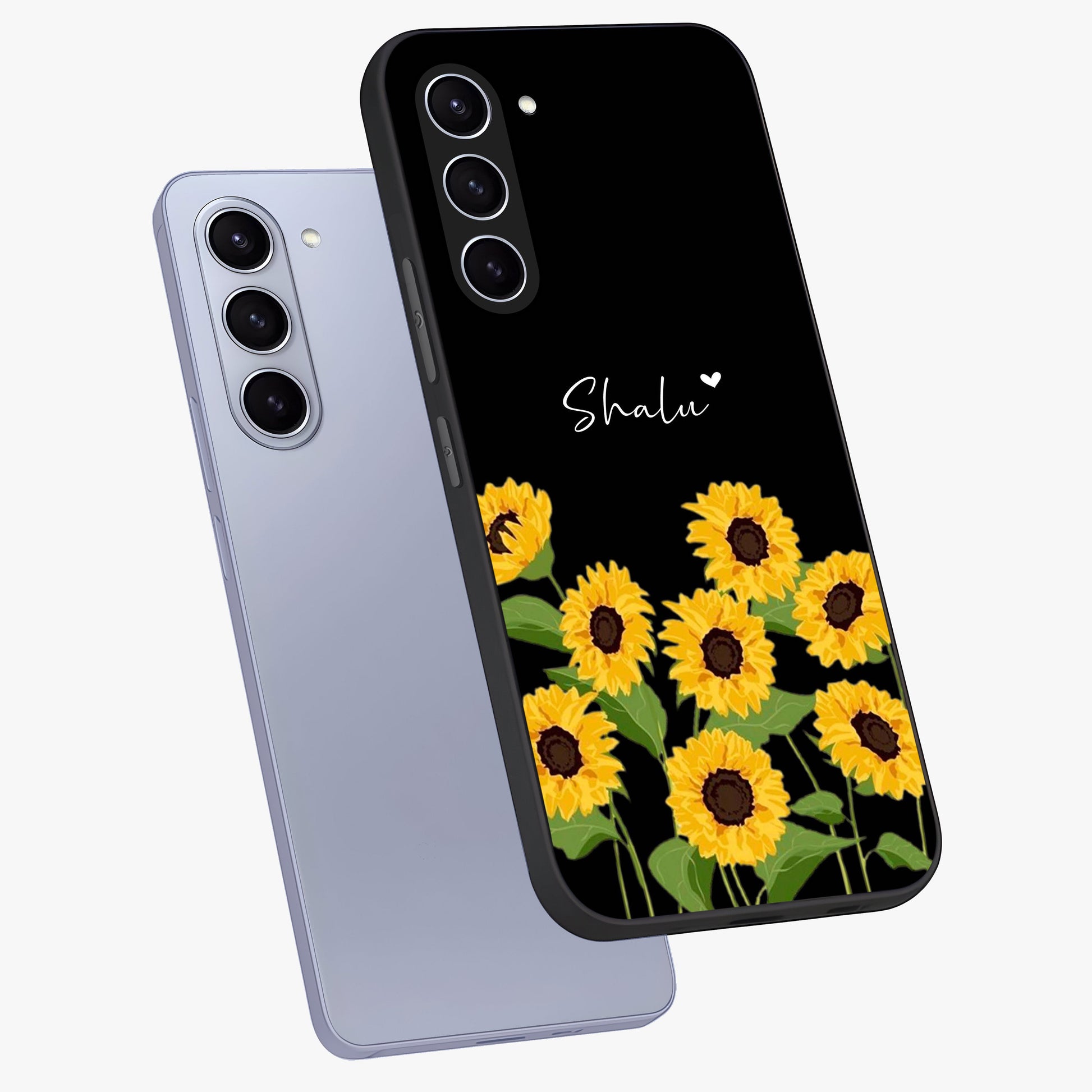 Sunflower Chic Mood Custom Name Glass Case displayed in angled mockup highlighting vibrant sunflower design with custom name feature.