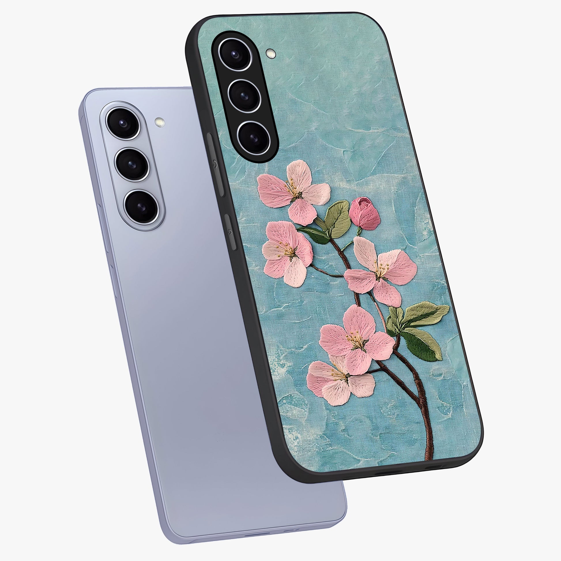 Threaded Blossom Breeze Glass Case displayed in angled mockup highlighting elegant floral design with soft aesthetic style.