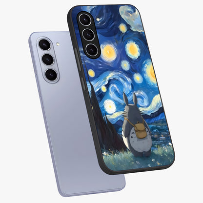 Totoro In Van Gogh Art Glass Case displayed in angled mockup highlighting artistic swirling sky design with playful animation aesthetic.