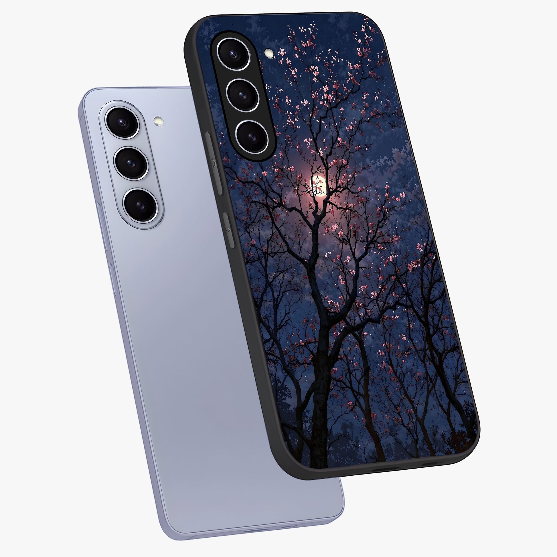 Twilight Sakura Serenade Glass Case displayed in angled mockup highlighting delicate sakura flower design with dreamy aesthetic.