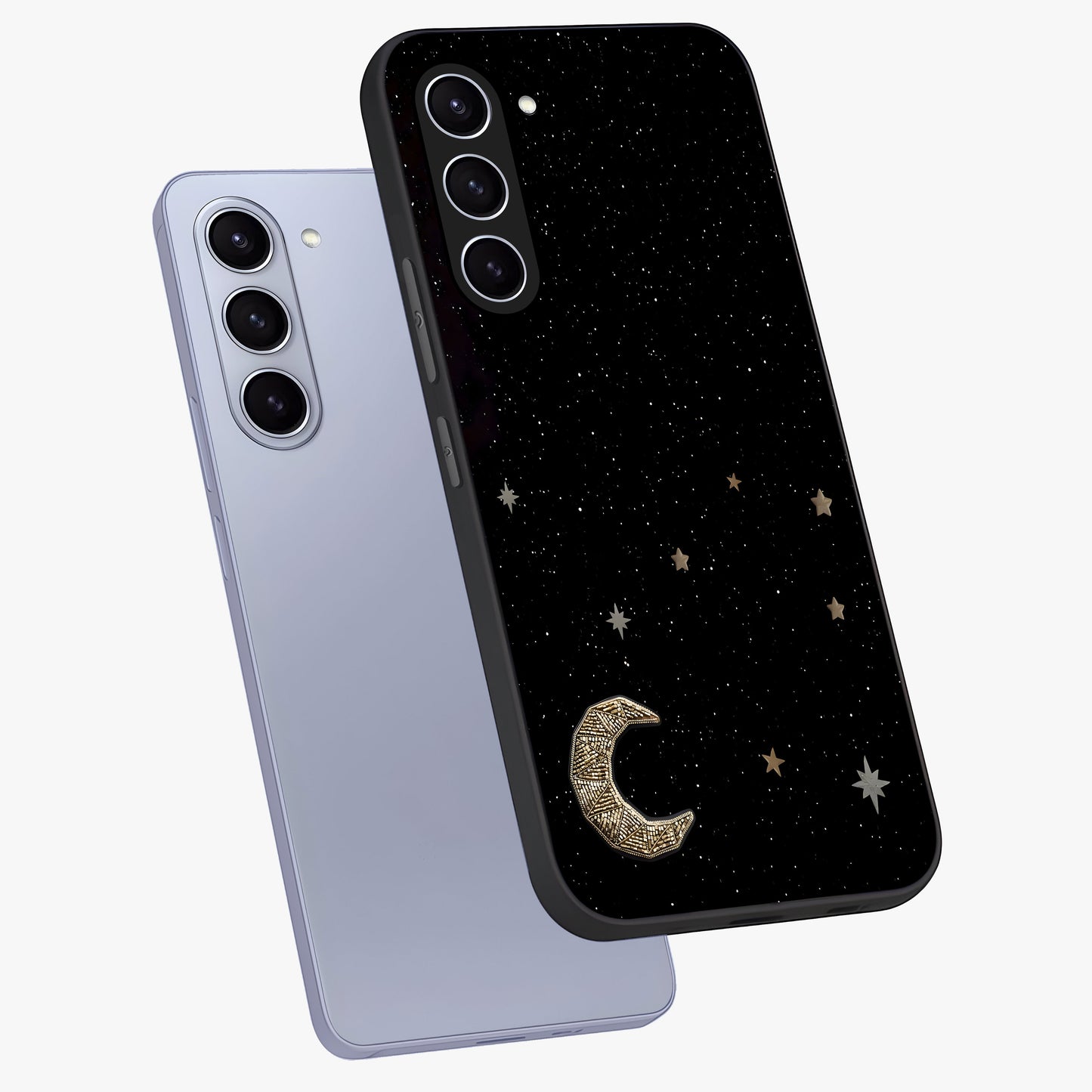 Twinkle Star With Half Moon Glass Case displayed in angled mockup highlighting celestial moon and star design with magical aesthetic.