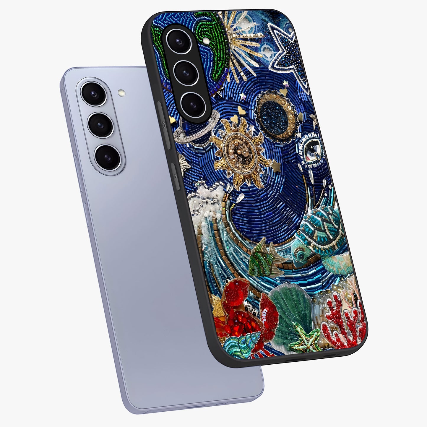 Universe Underwater Spark Glass Case displayed in angled mockup highlighting glowing aquatic design with celestial aesthetic.