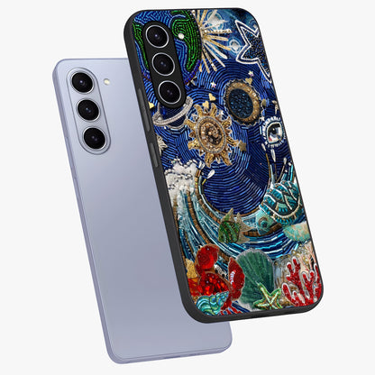 Universe Underwater Spark Glass Case displayed in angled mockup highlighting glowing aquatic design with celestial aesthetic.