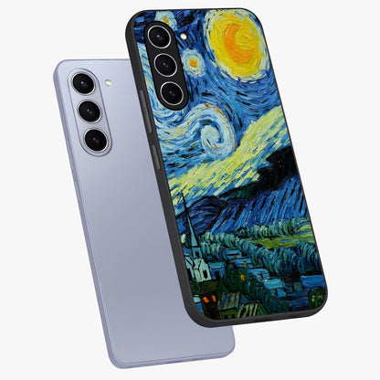 Van Gogh Art Glass Case displayed in angled mockup highlighting swirling brushstroke design with artistic aesthetic.