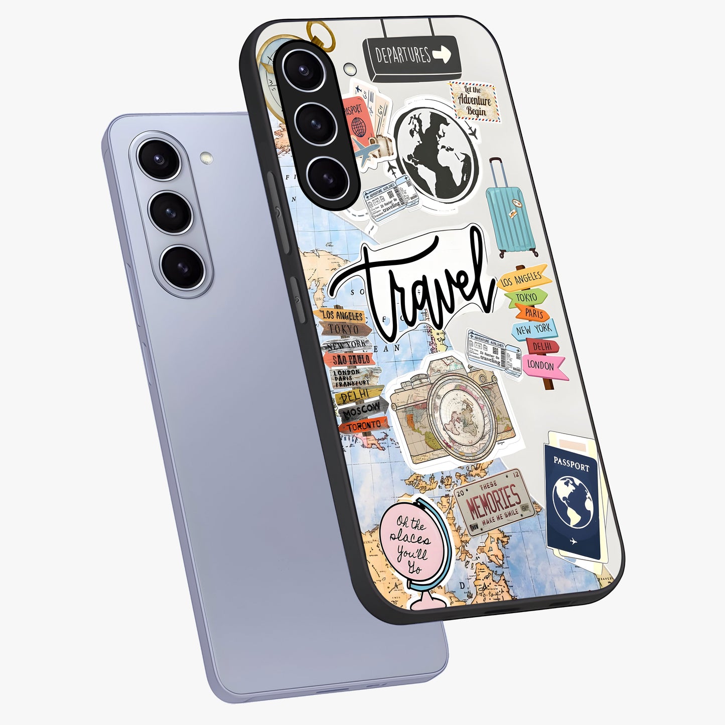 Wanderlust Journal Glass Case displayed in angled mockup highlighting adventure themed design with aesthetic travel vibe.