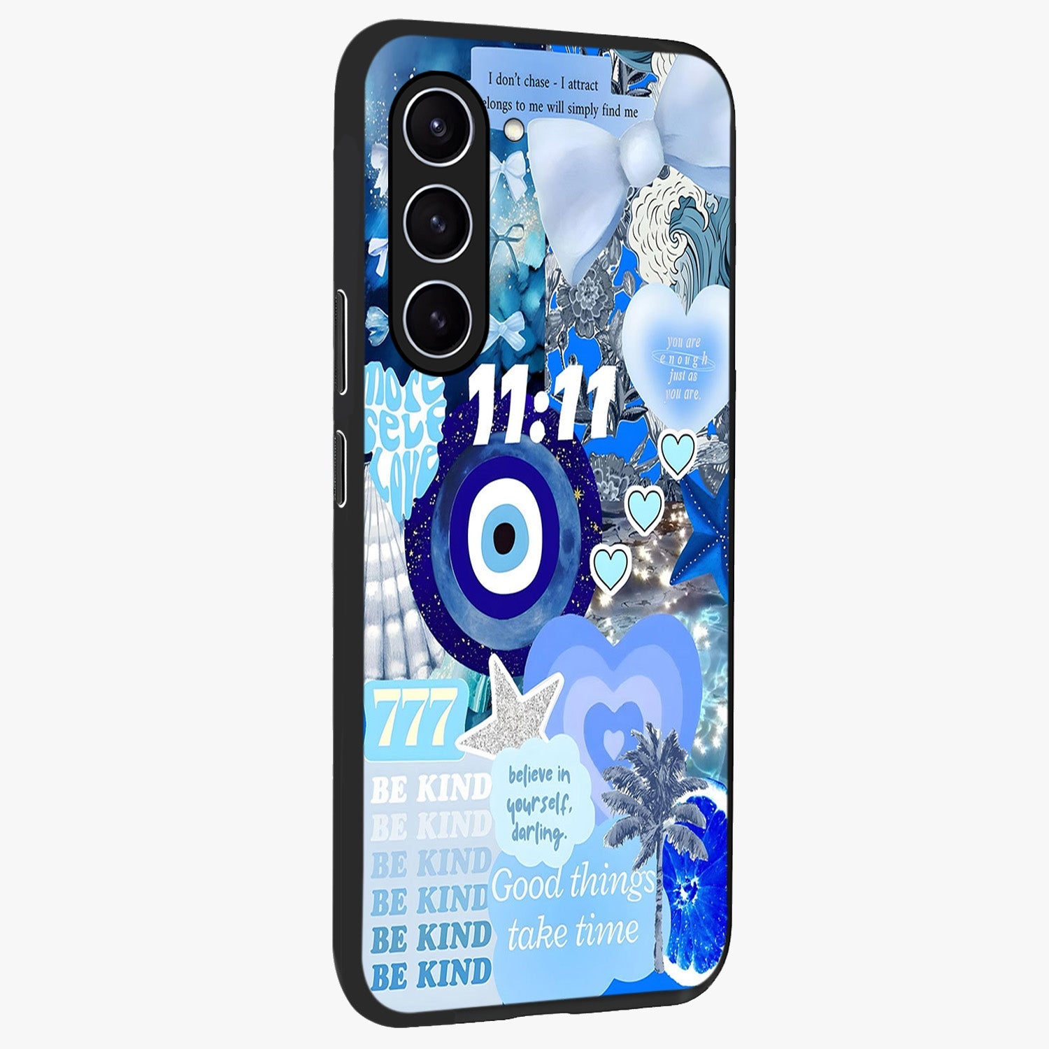 Aesthetic Be Kind Eye Glass Case upright view showcasing stylish eye illustration with positive message theme.