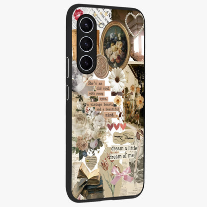 Aesthetic Brown Vintage Collage Glass Case upright view showcasing nostalgic retro artwork with stylish vintage theme.