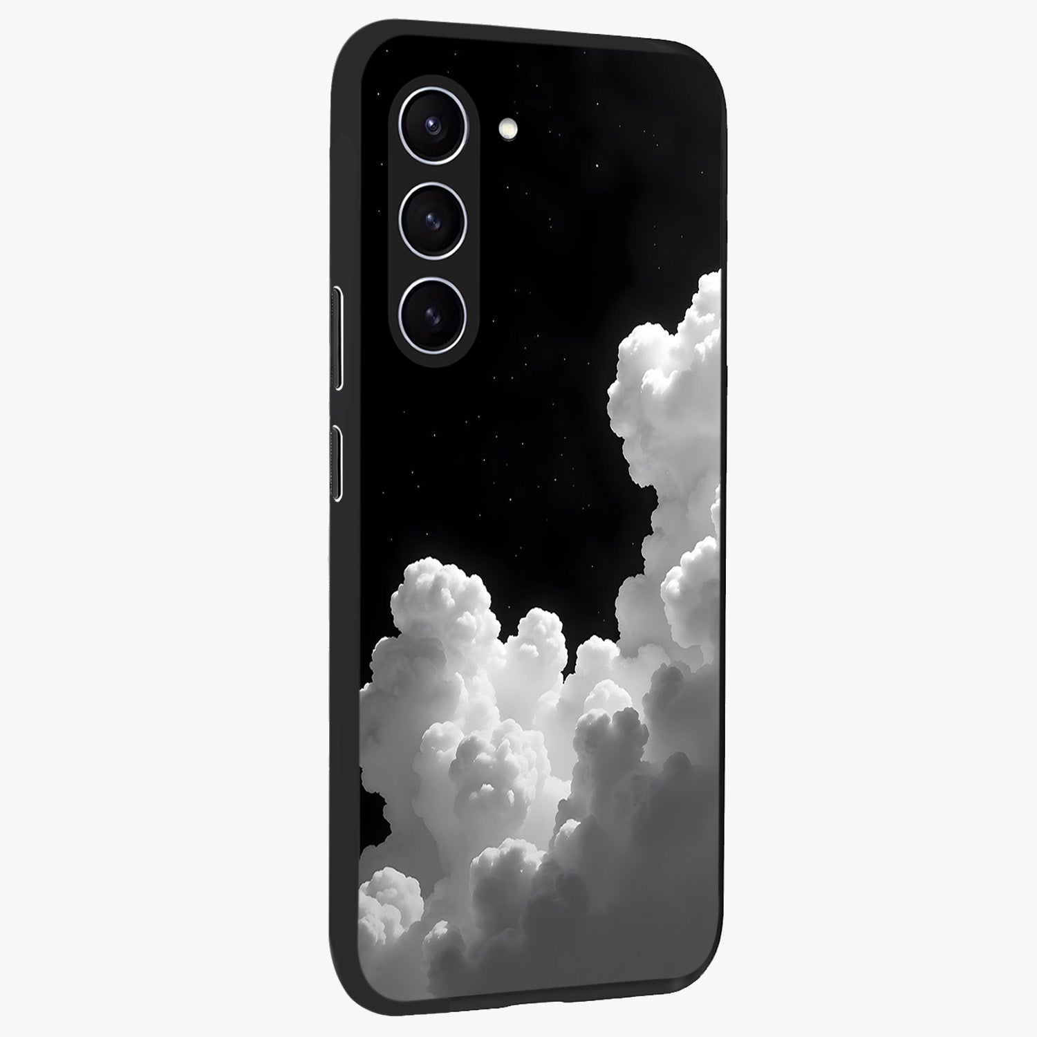 Black Background With White Cloud Glass Case upright view showcasing calm cloud aesthetic with modern minimal style.