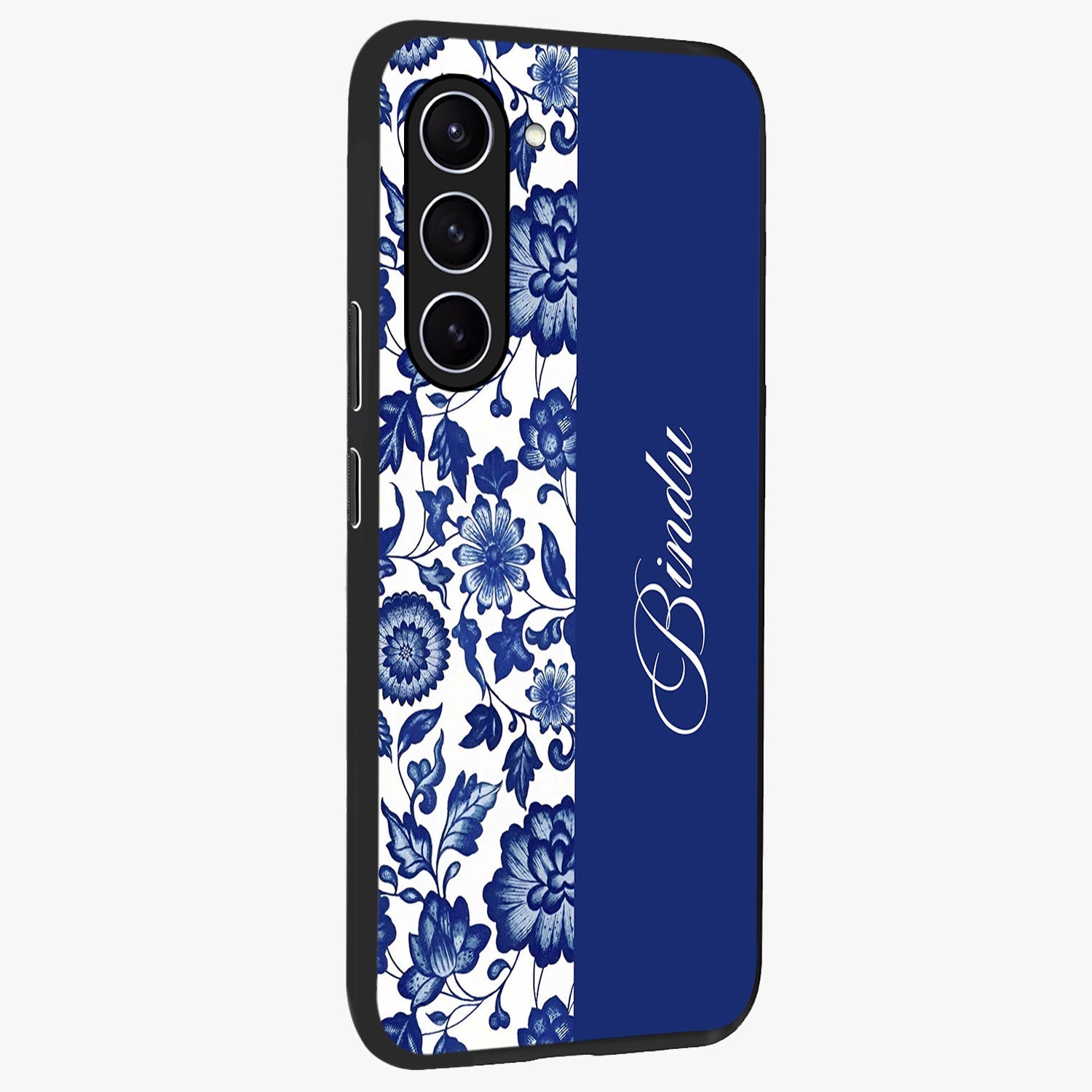 Blue Vintage Floral Pattern Glass Case upright view showcasing delicate blush floral texture with modern minimal style.