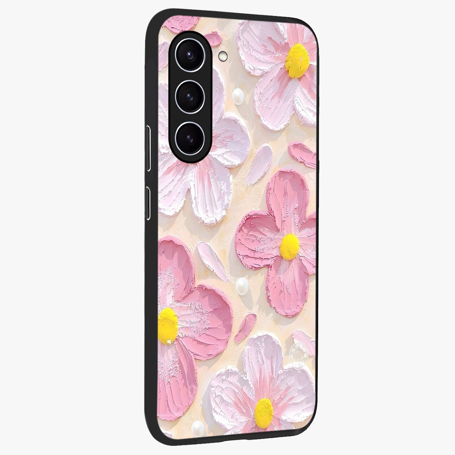 Blush Bloom Texture Glass Case upright view showcasing delicate blush floral texture with modern minimal style.