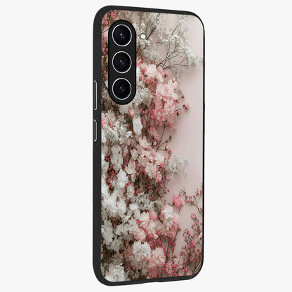 Blush Blossom Cloud Glass Case upright view showcasing calm floral cloud artwork with gentle dreamy theme.