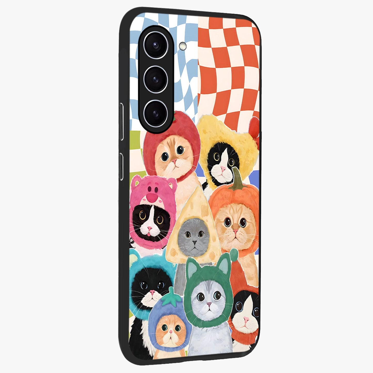 Cats in Fruits Glass Case upright view showcasing charming cat artwork with fun fruity theme.