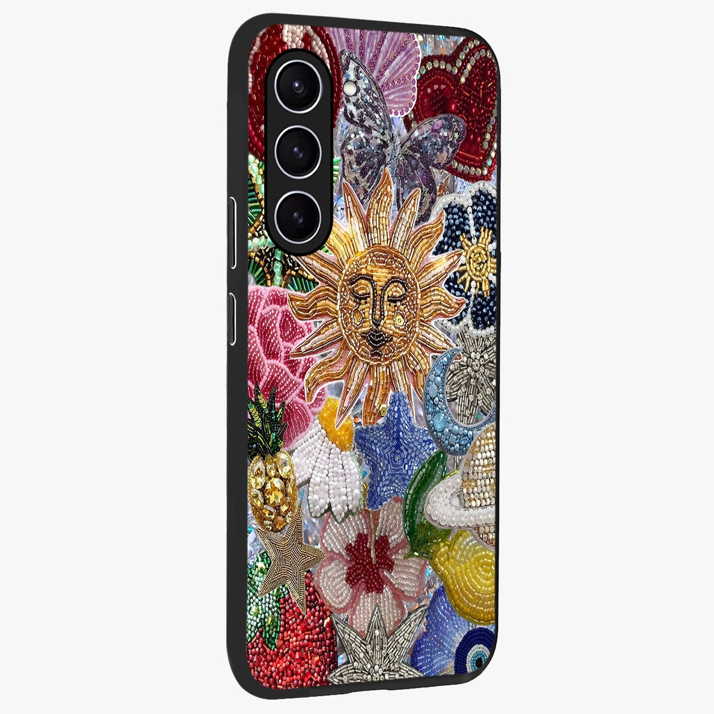 Celestial Floral and Playful Glass Case upright view showcasing whimsical floral artwork with cosmic aesthetic theme.