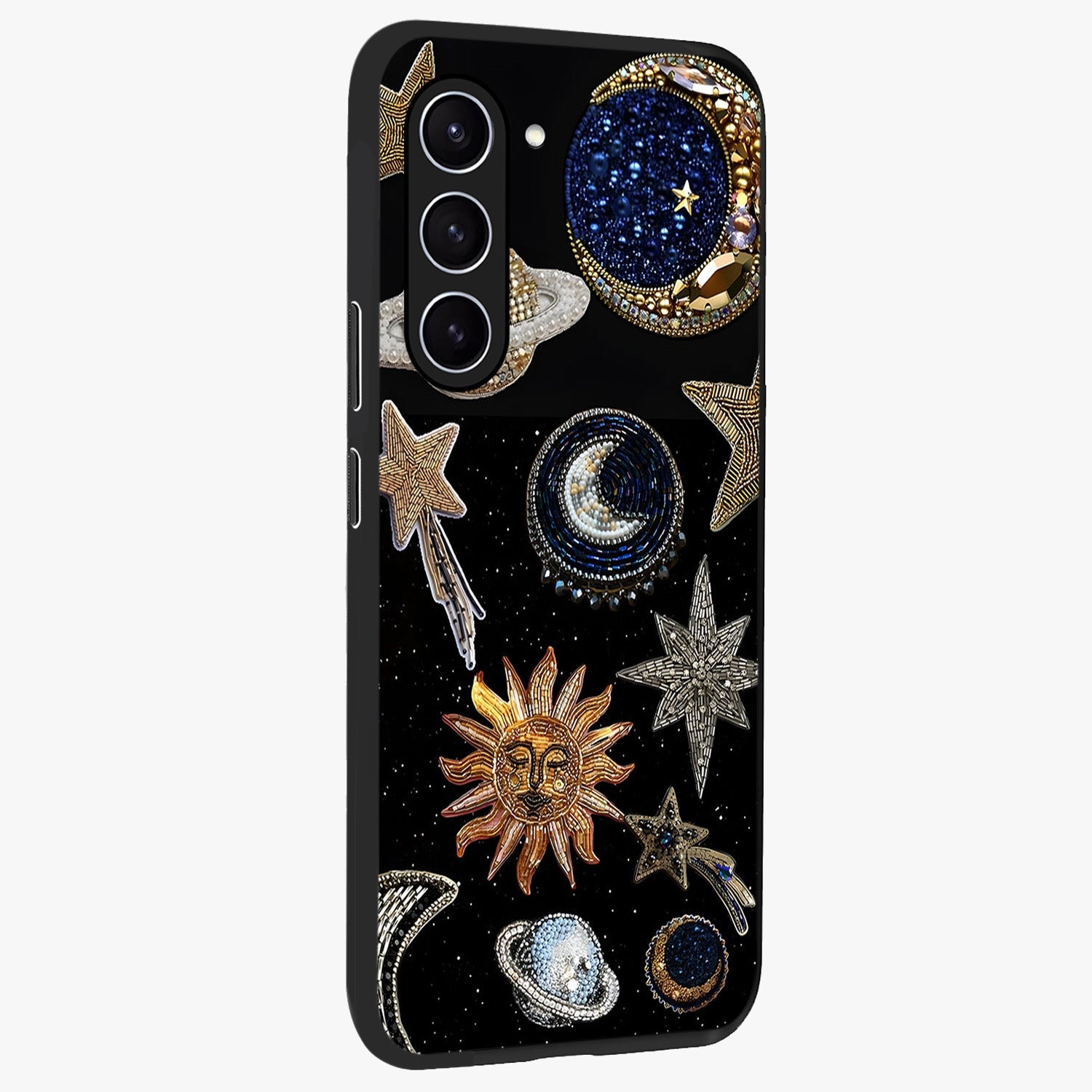 Celestial Gem Constellations Glass Case upright view showcasing cosmic constellation artwork with celestial aesthetic style.