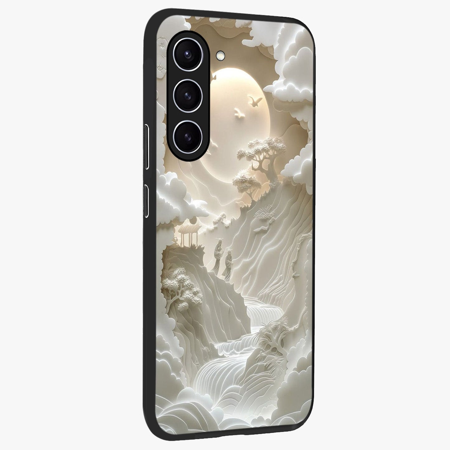 Celestial Origami Glass Case upright view showcasing creative origami artwork with modern celestial style.